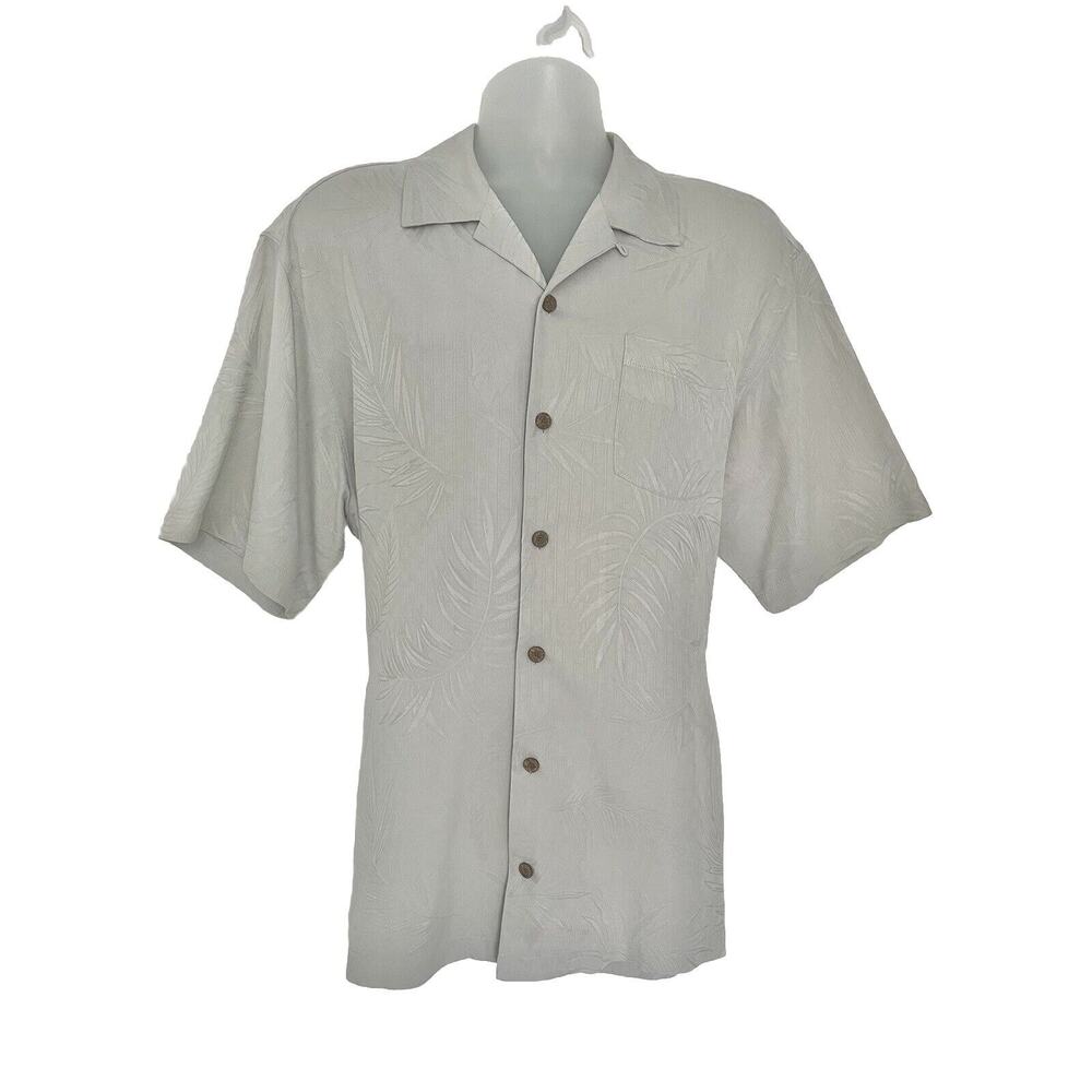 Tommy Bahama Button Down Shirt Size L Light Gray 100% Silk Subtle Leaf Print